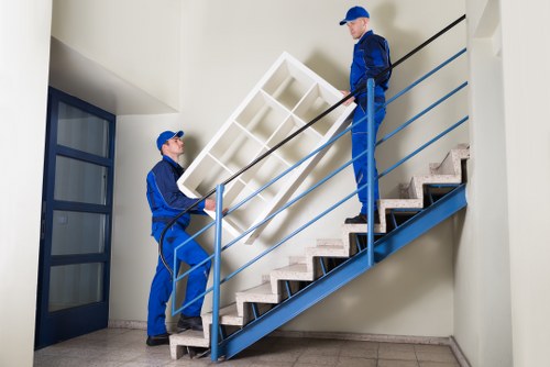 Packed office furniture and equipment ready for commercial transport