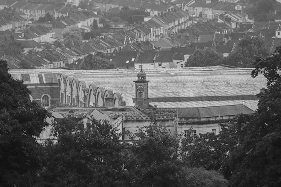 Black and white photograph of a large industrial-style station building with a clock tower in the foreground, surrounded by trees. Behind the station, there are rows of terraced houses extending into the distance, with rooftops and chimneys visible. The scene is captured from a slightly elevated vantage point, highlighting the station’s arched windows and metal roofing, with the urban residential area and rooftops extending beyond. The lighting appears natural, with clear visibility of materials like brick, metal, and glass on the station, and leafy foliage framing the lower part of the image. This setting suggests a typical urban environment where home relocation and furniture transport services by Man with Van Crystal Palace could operate, involving the logistics of packing, loading, and moving household items through local streets and onto transport vehicles.