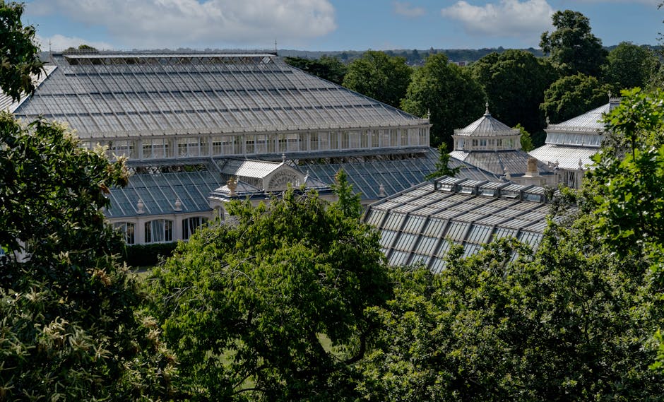 The image shows a close-up view of a historic glass and metal conservatory or greenhouse structure with ornate arched windows and decorative metalwork, situated at the top of a building with a promine